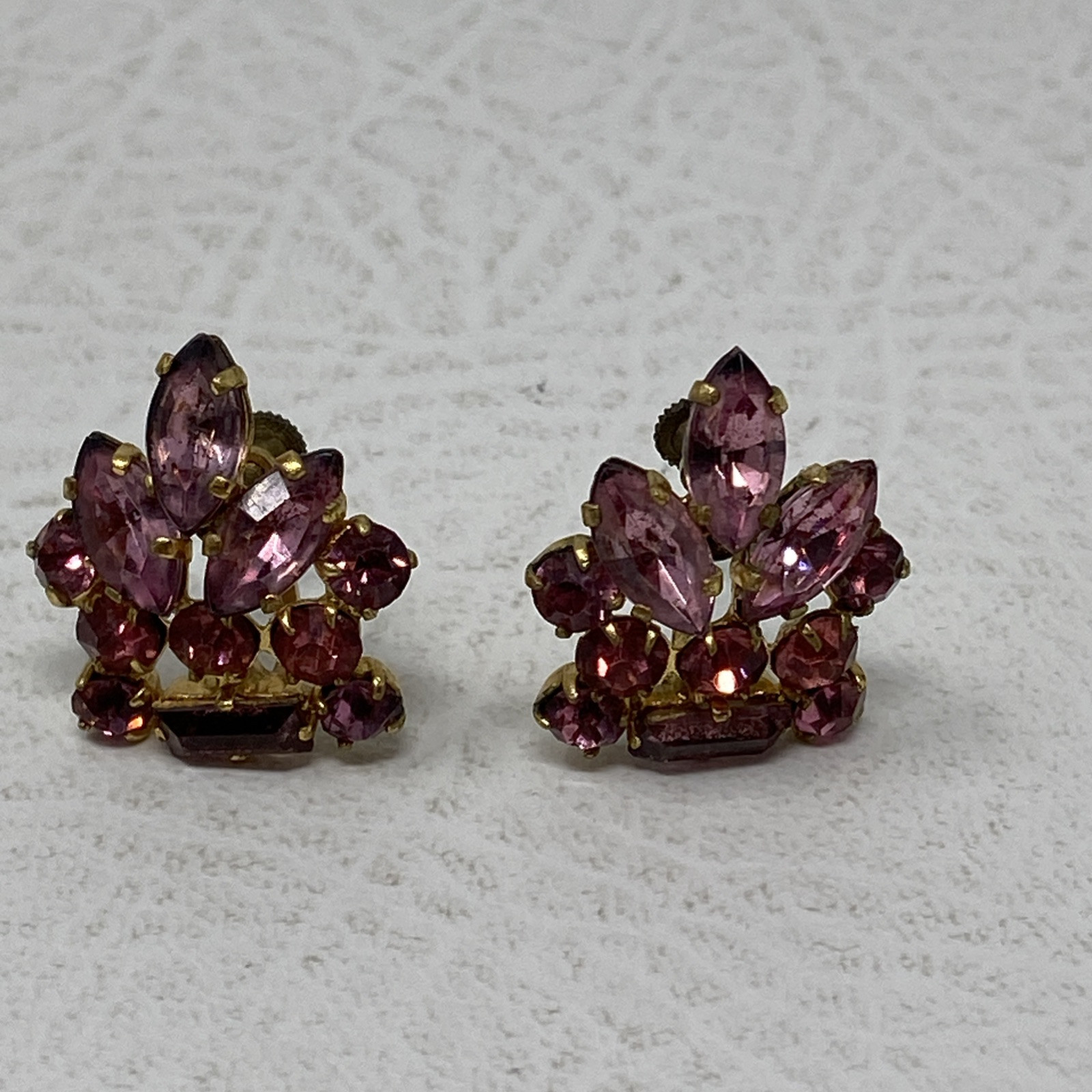 VINTAGE Czech Purple Crystal Rhinestone Clip Earrings Floral Sparkling MCM 60s
