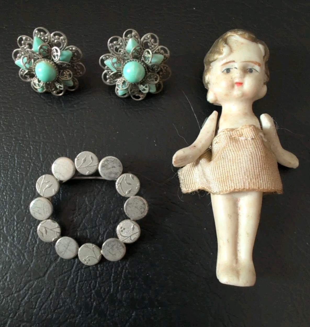 Vintage Mid Century Mod Estate Jewelry Lot Brooch Earrings Larimar Bracelet Doll