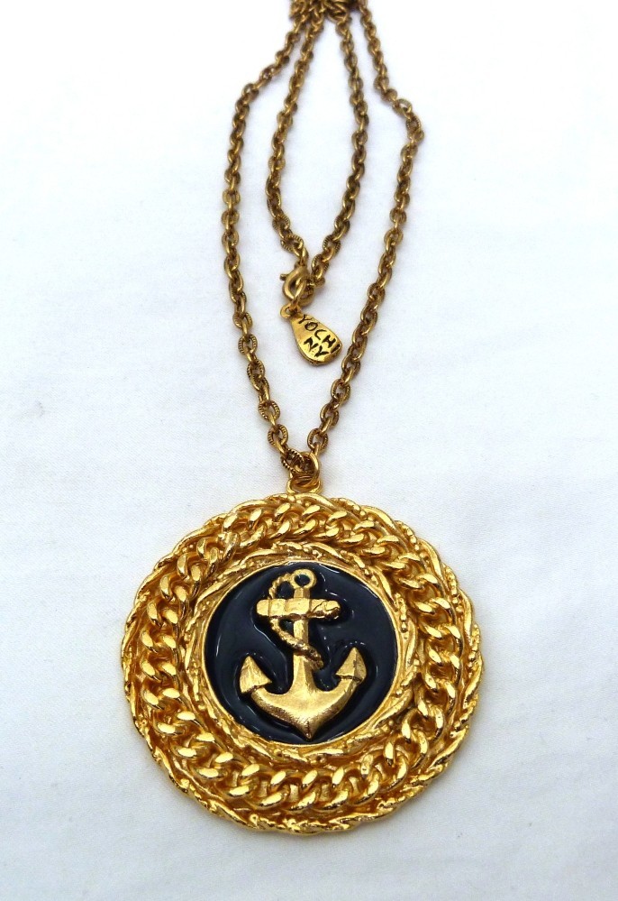 YOCHI NY DESIGNER ENAMEL NAUTICAL ANCHOR ROPE PENDANT CHAIN NECKLACE 30.75″ LONG