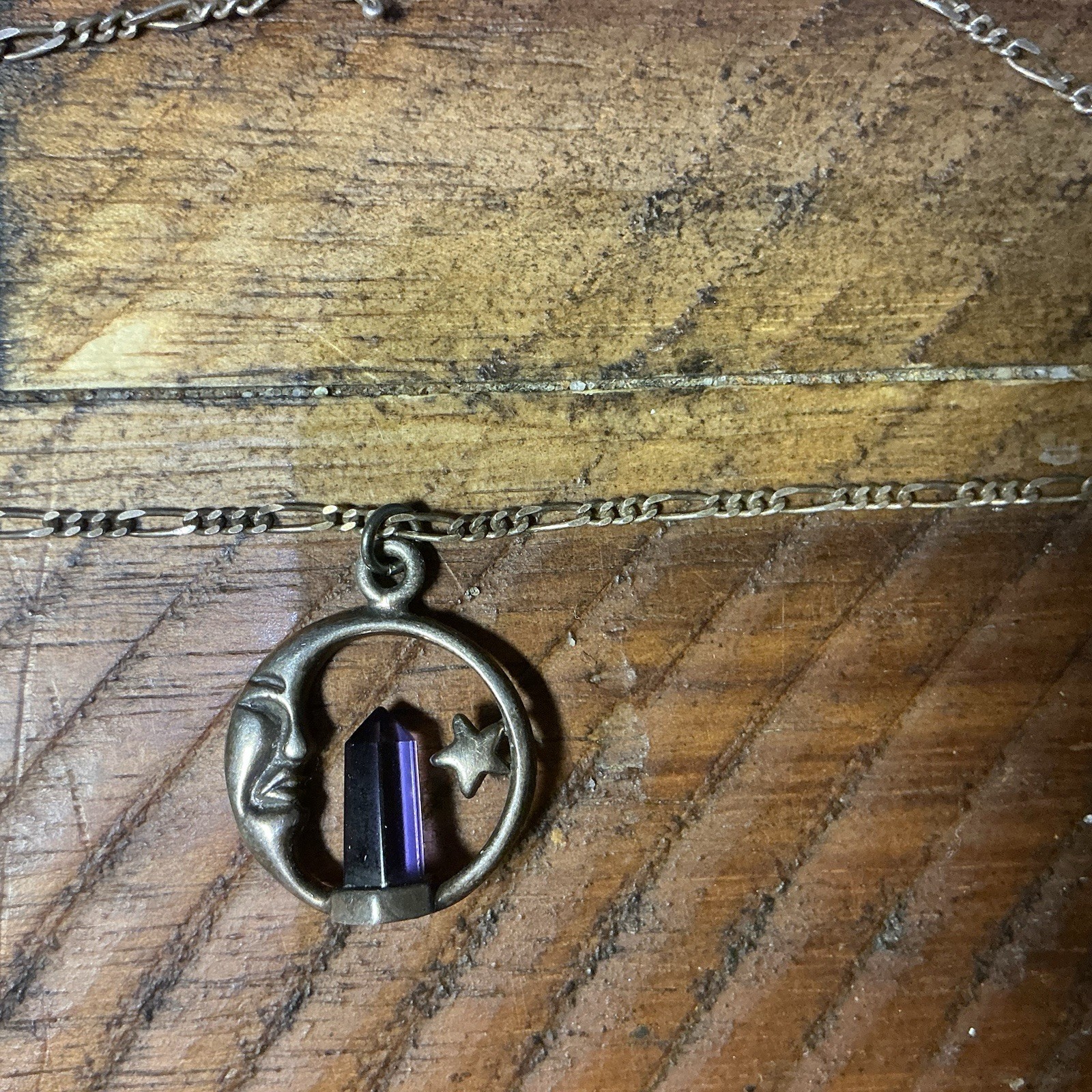 Vintage Sterling Silver Crescent Moon Star Amethyst Pendant Necklace Beautiful!