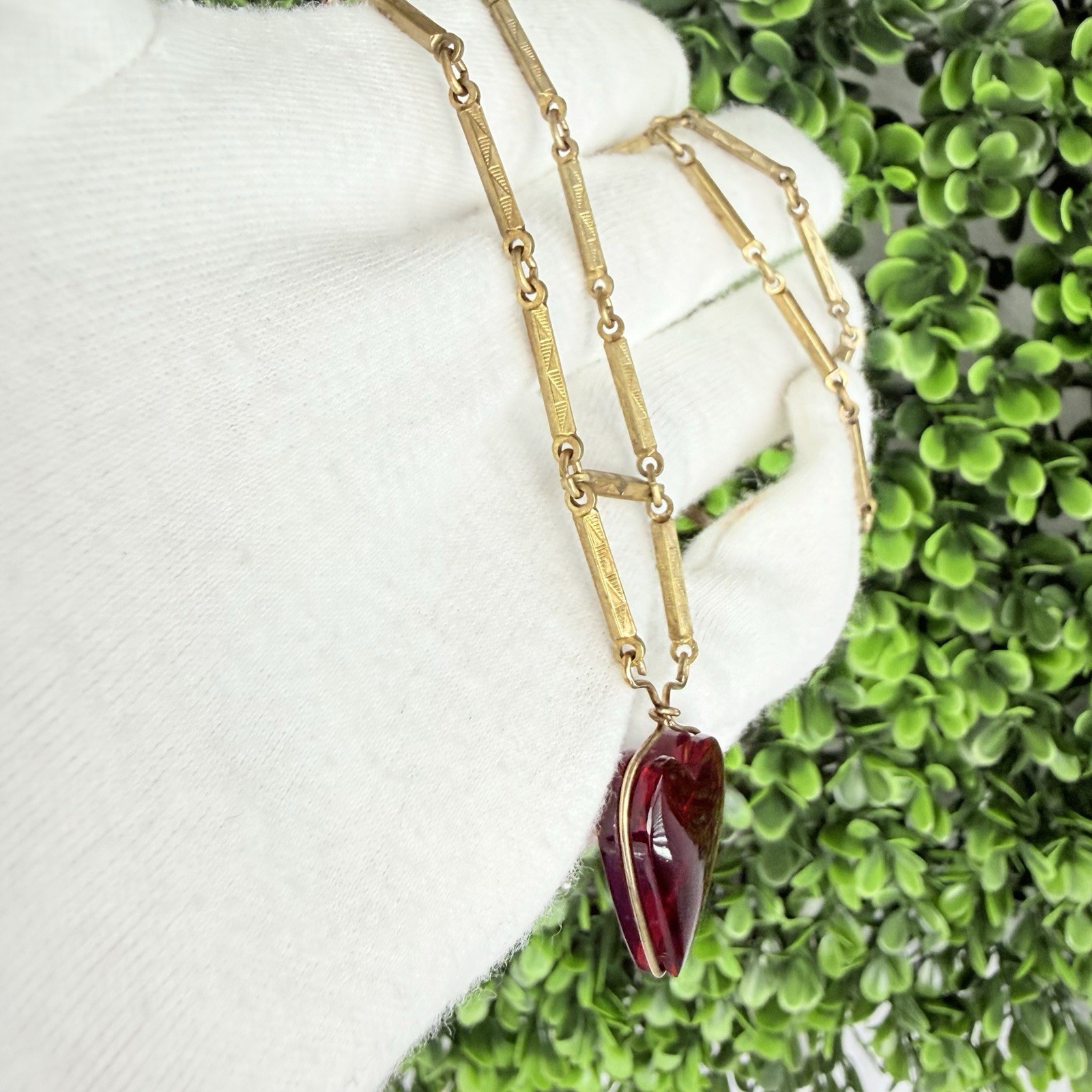 Antique Art Deco Gold Brass Tone Bar Link Long Chain Pendant Necklace