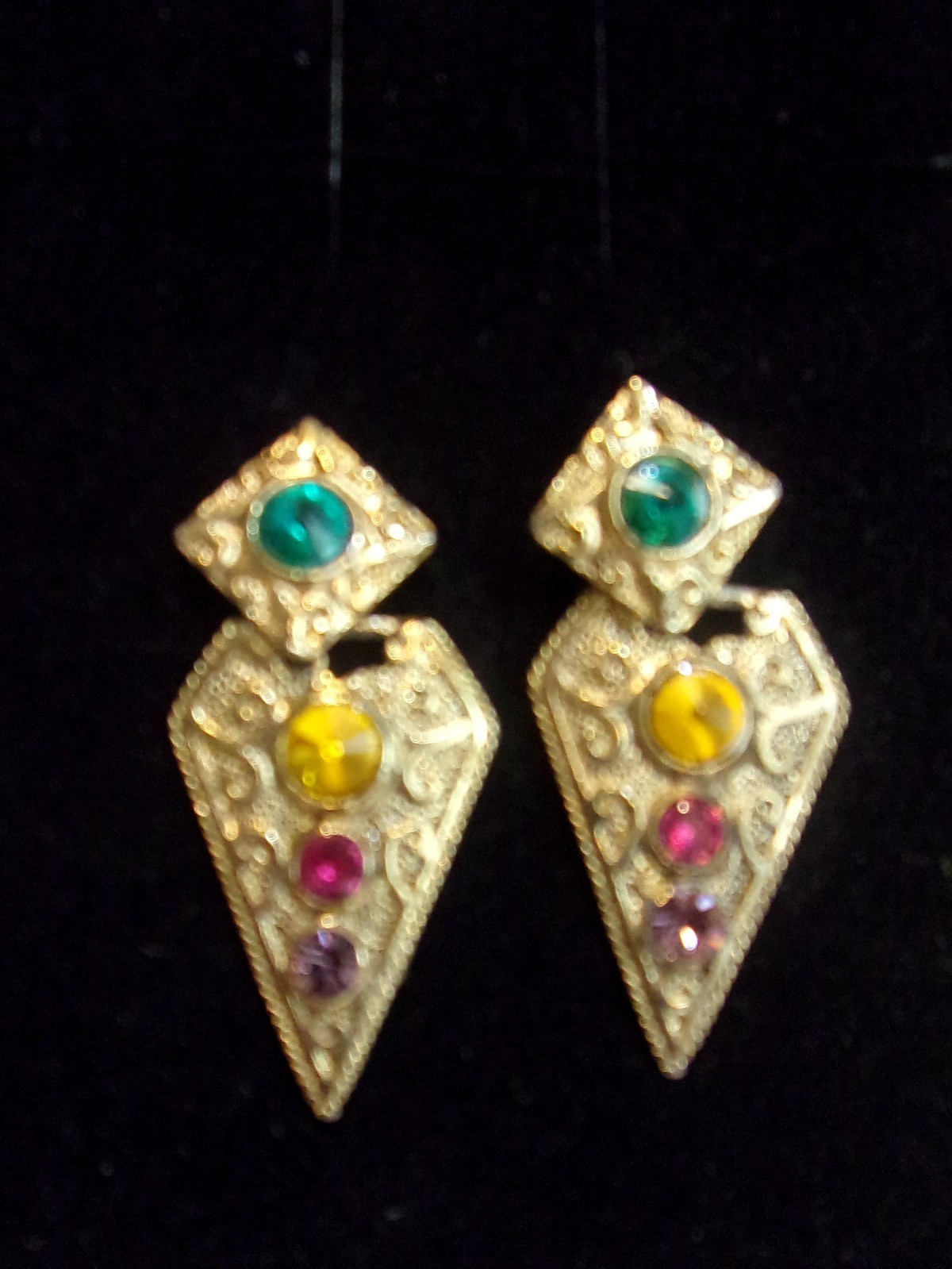 Egyptian Revival Acrylic Cabochons Genuine Crystals Gold Plated Pierced Earrings