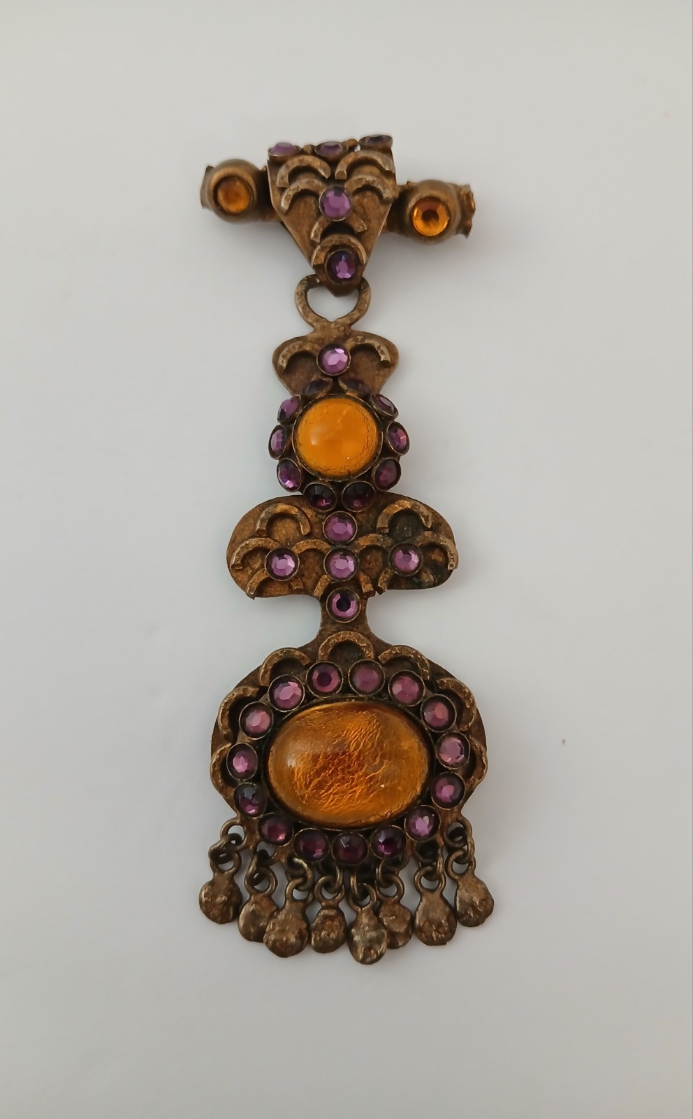 Henry Perichon French Couture Brooch Tiered Gilt Brass Poured Glass MCM c. 1955