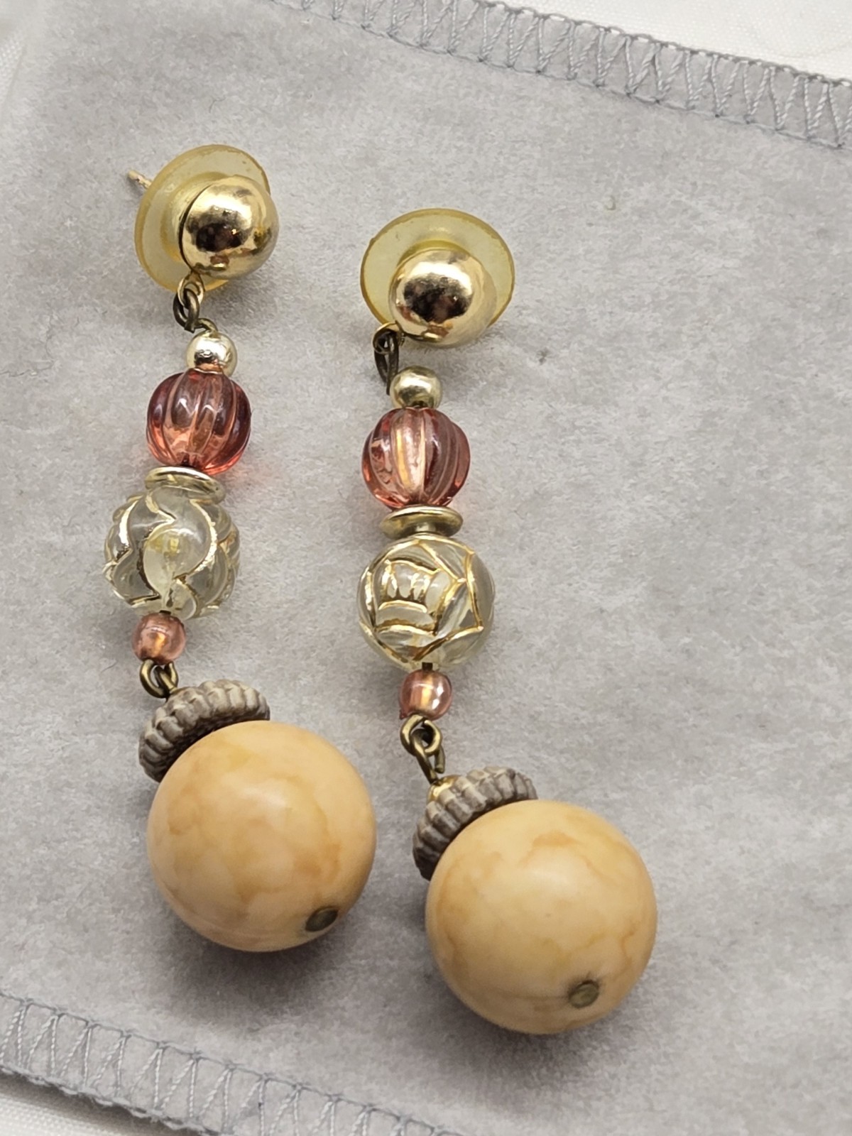 Vintage Post Dangle Drop Earrings Boho Style Multimedia Beads Goldtone Metal