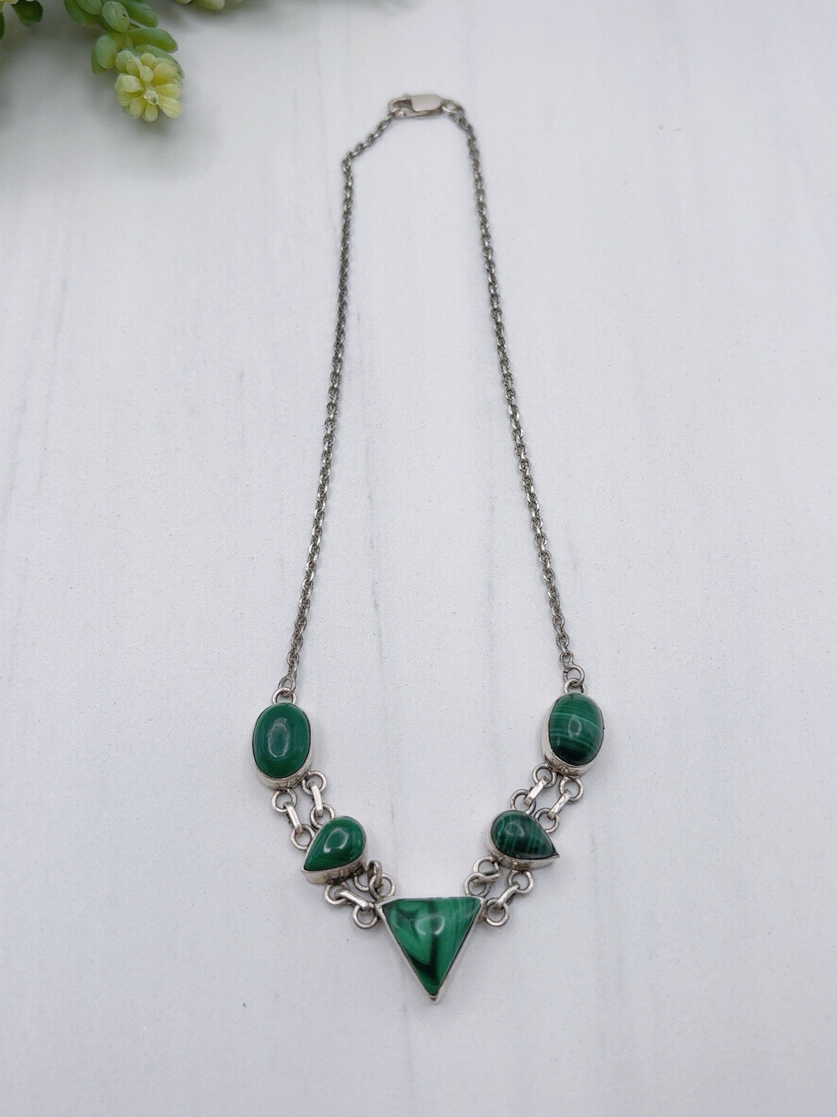 Sterling Silver 925 Malachite Green Stone necklace Triangle Stone