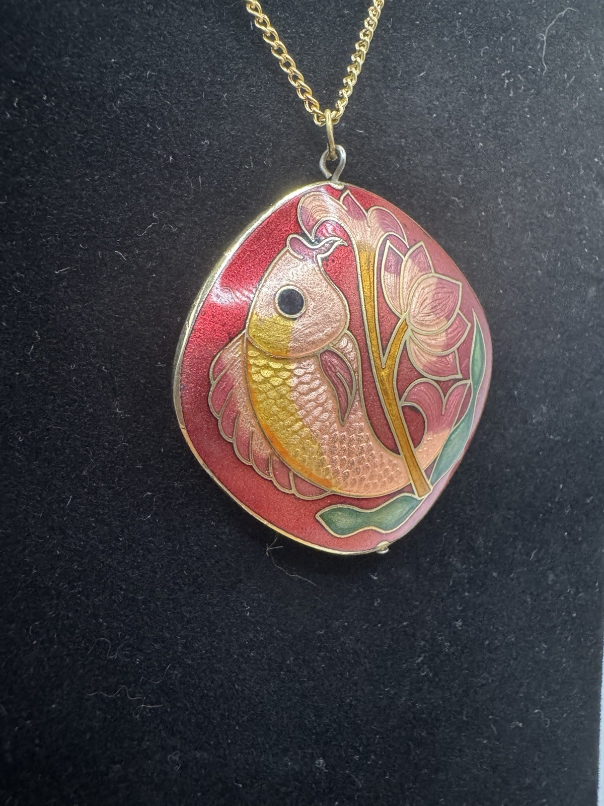 24” Gold Tone Chain Traditional Cloisonne Pendent Vintage Floral & Fish Necklace