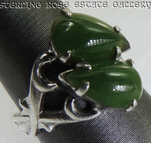 Vintage Double Teardrop Jadeite Sterling Silver .925 Cocktail band RING size 4.5