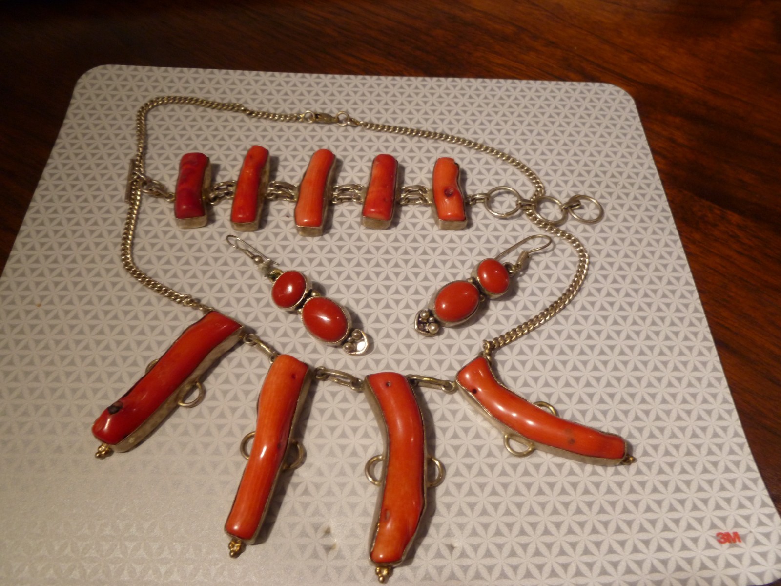 Contemporary Branch Raw Coral Necklace Bracelet Earrings Set On Sterling Silver