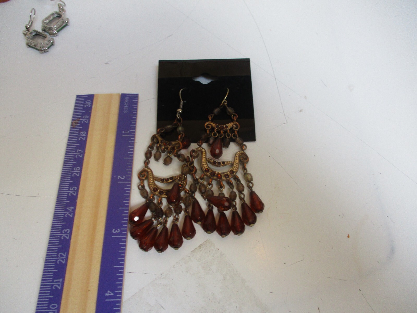 Vintage Bronze Color Dangle Hook Earrings w/ Brown Rhinestones & Bead Dangles