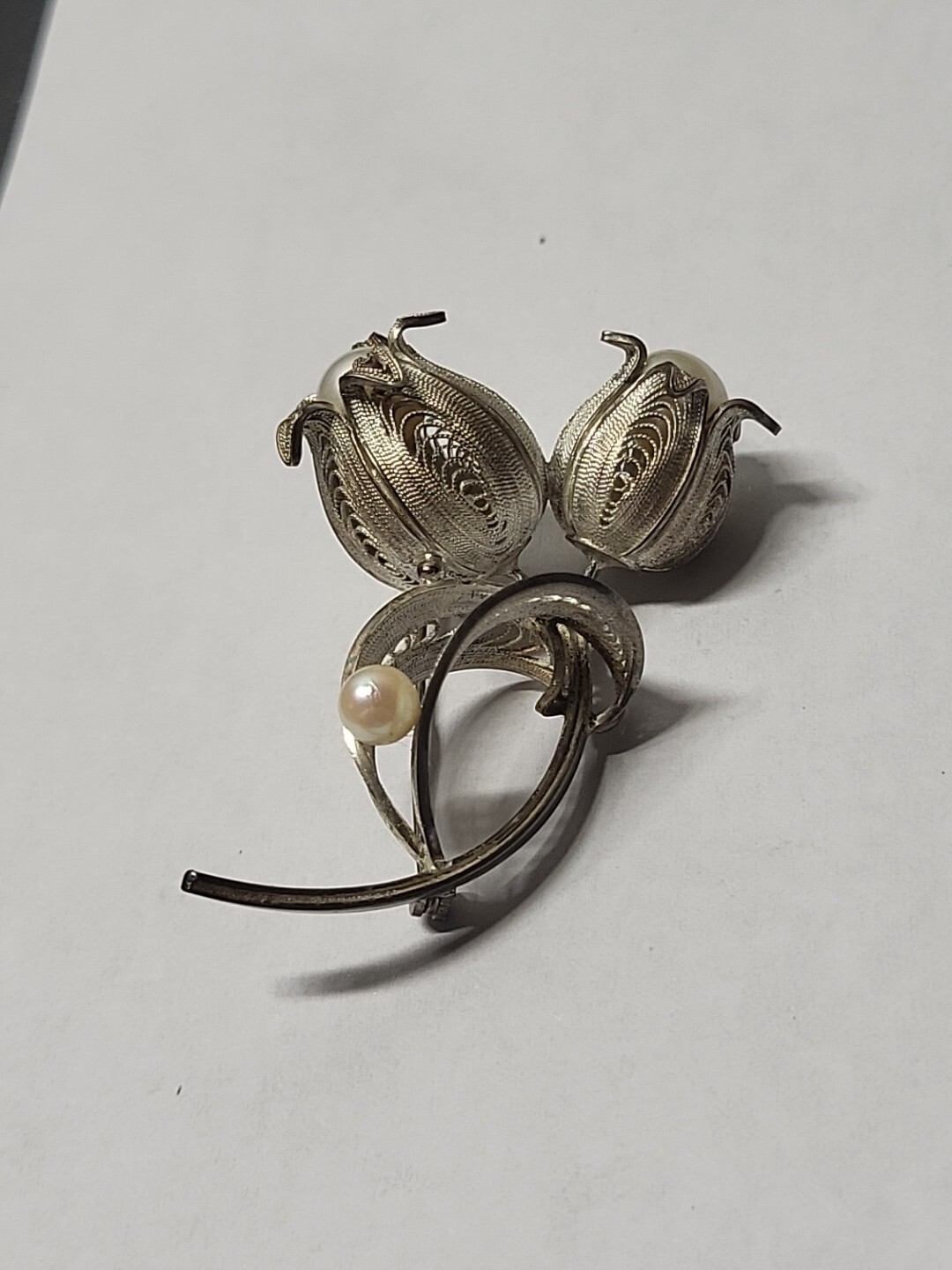Sterling Silver Filigree Flower Vintage Japanese Akoya Cultured Pearl Brooch