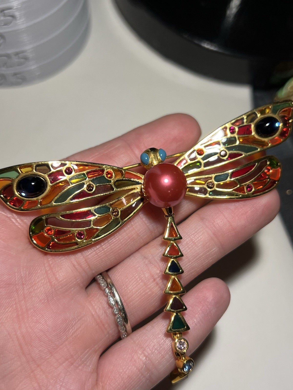 VTG Joan Rivers Stained Glass Crystal Plique-a-Jour Dragonfly Brooch Pin
