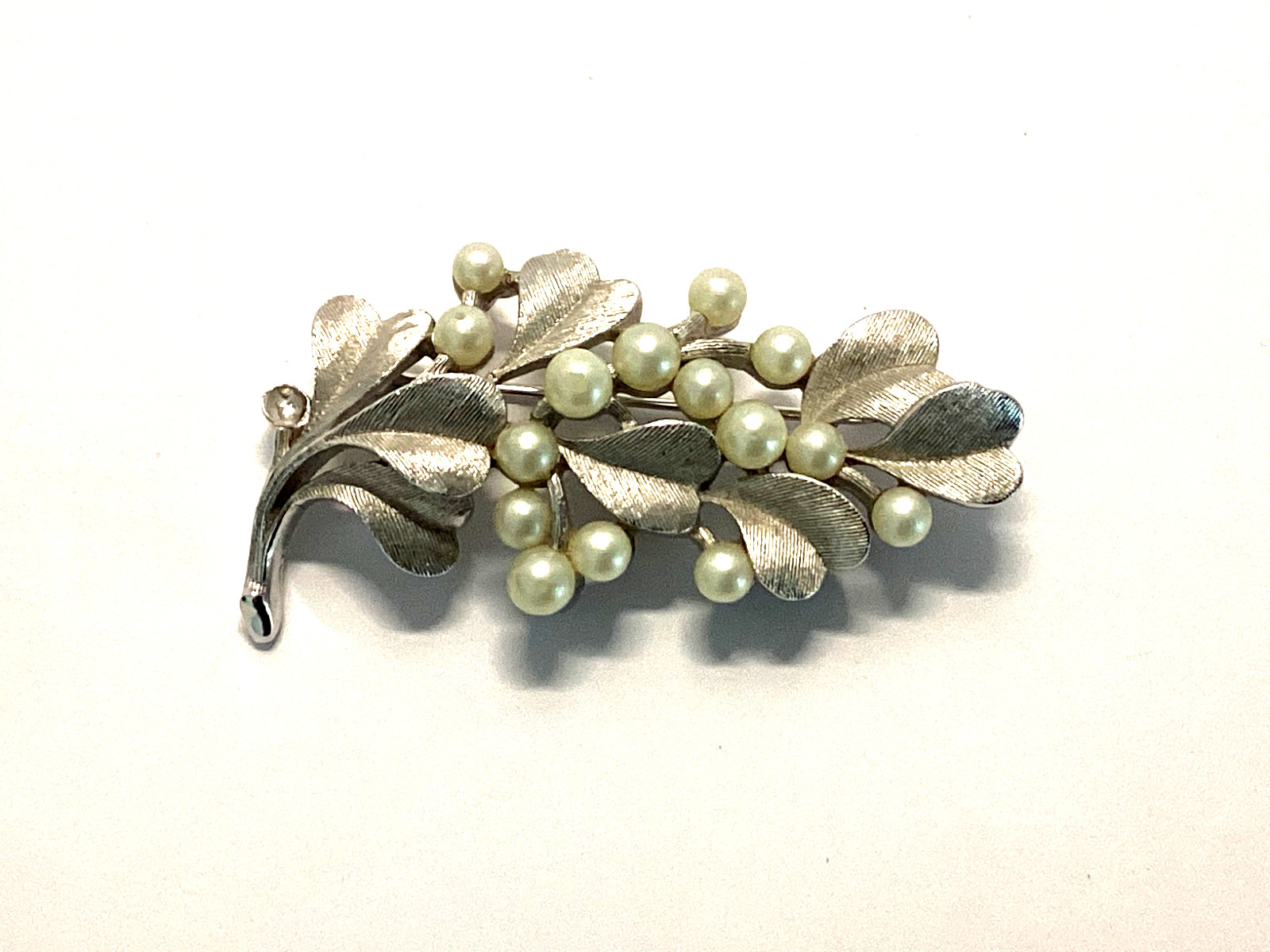 Crown Trifari Faux Pearl Silvertone Leaf Brooch-MCM Signed