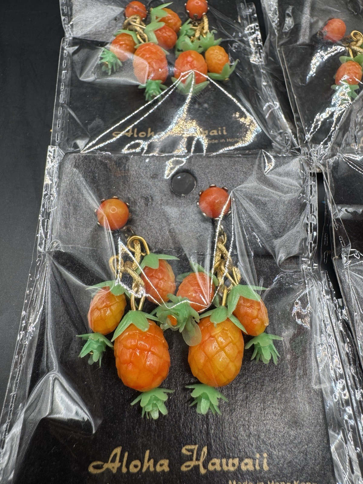 Vintage Aloha Hawaii Pineapple Dangle Earrings- IN ORIGINAL PACKAGING – Set of 4