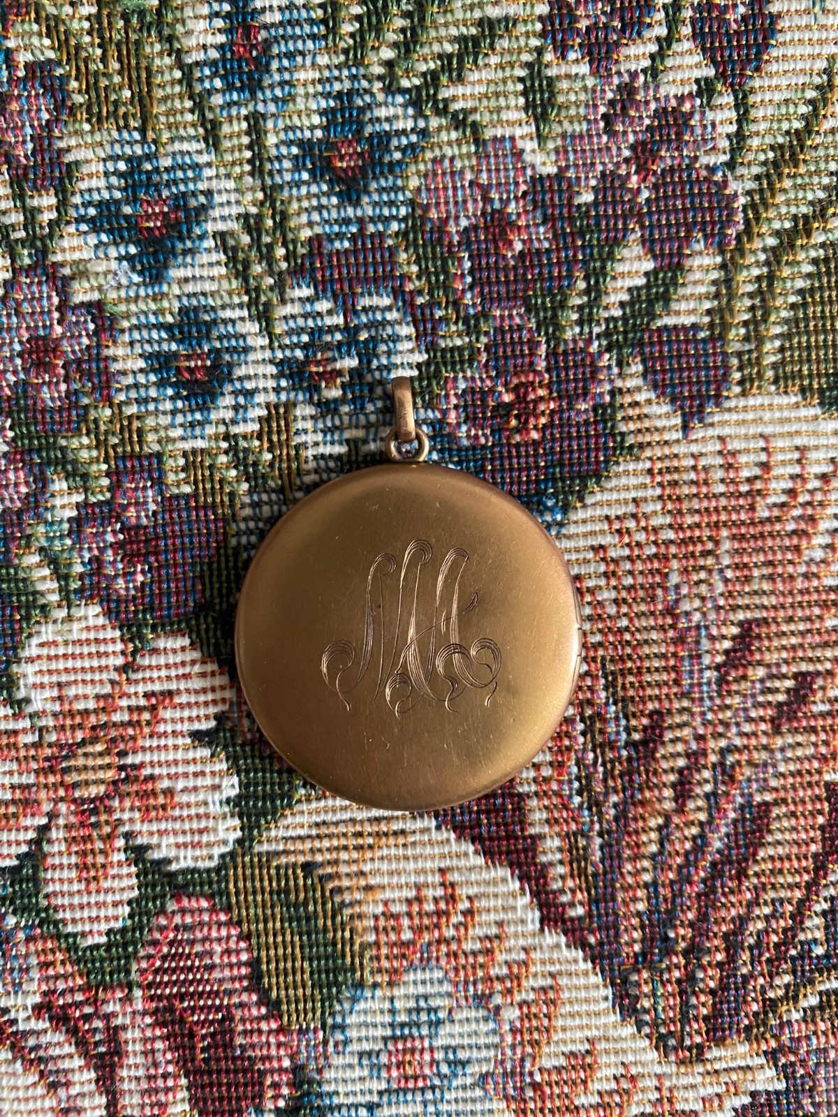 Antique Gold Tone Round Locket with Enrgraved Initial and Portrait of a Man