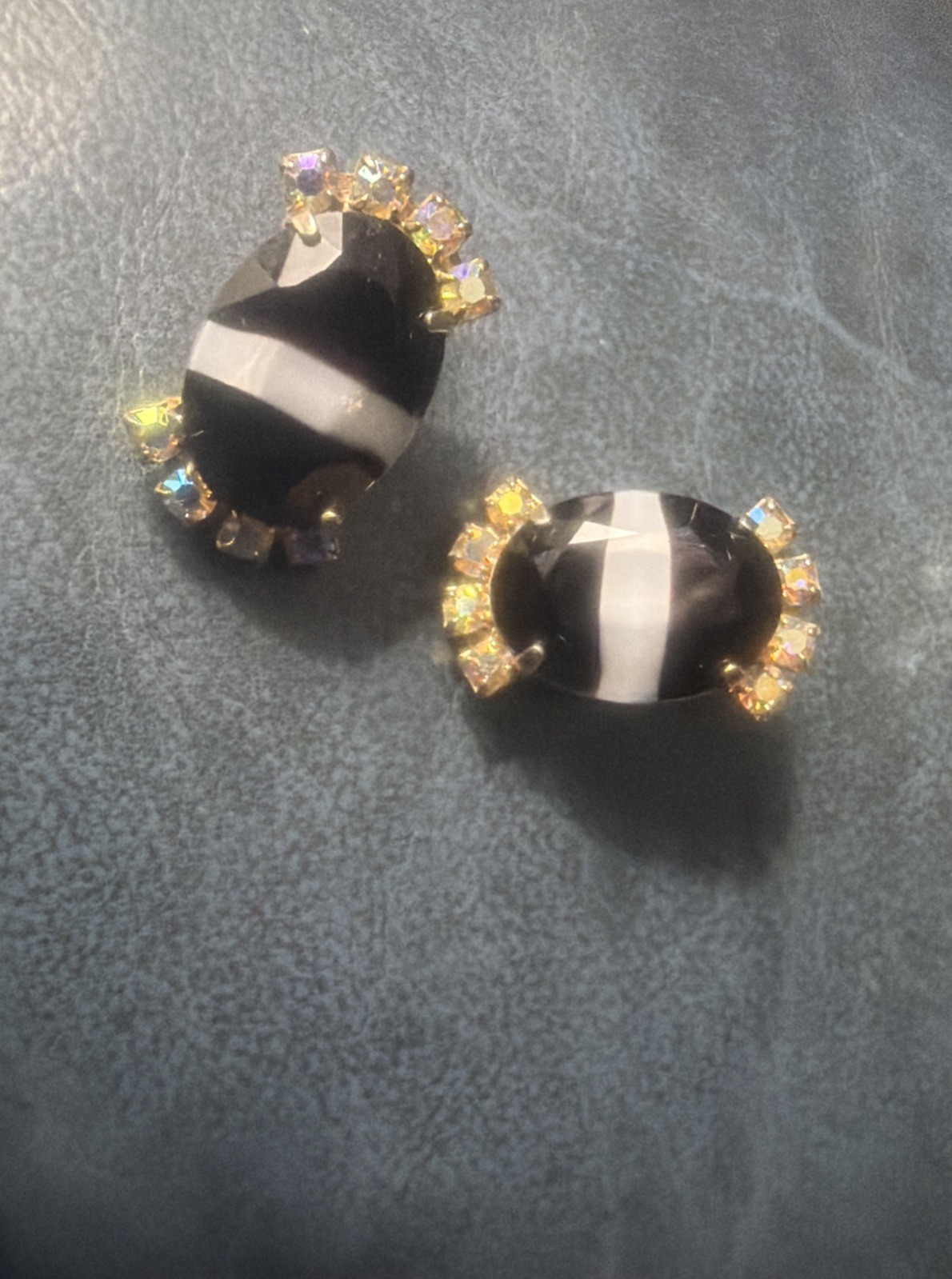 Gold Tone Black and White Faceted Glass with ab Crystal Accents Clip On Earrings