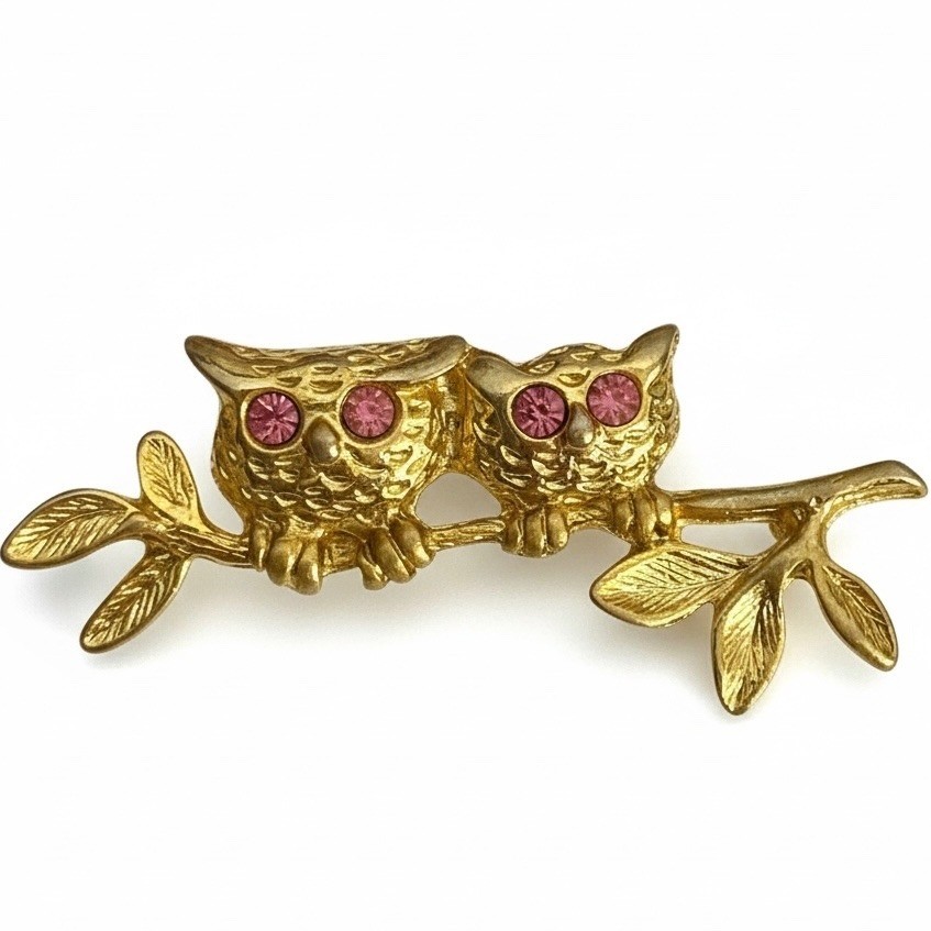 Vintage Twin Owls on Branch Brooch Unsigned Owl Pin Cottagecore 1960s