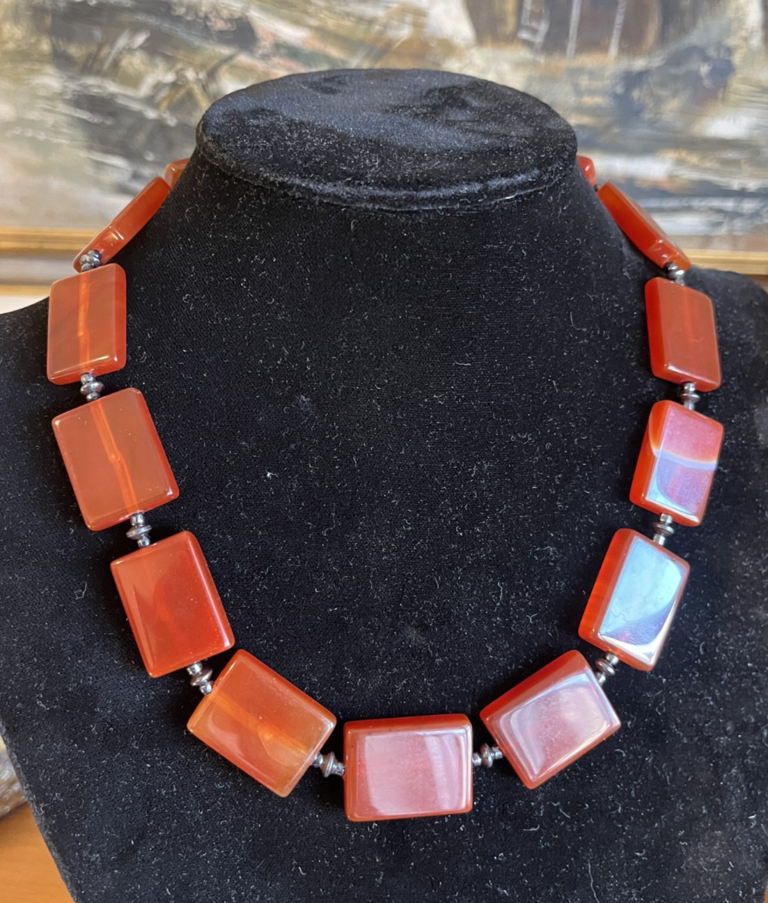 VTG Carnelian Agate Necklace Egyptian Revival Bib Style Rectangular Beads 19″