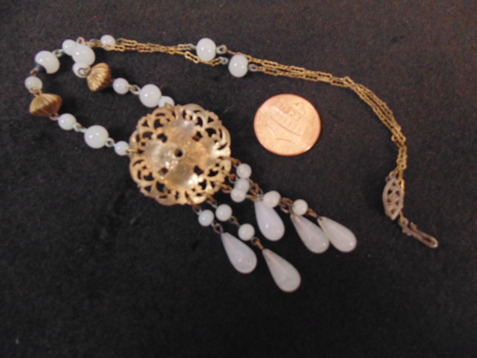 Victorian Antique Brass Filigree Opaline Glass Bead Pendant Choker Necklace 15.5