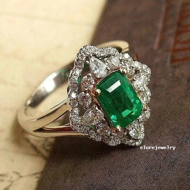 3Ct Lab Emerald Art Deco Ring 14K White Gold Plated Halo Engagement Wedding Band