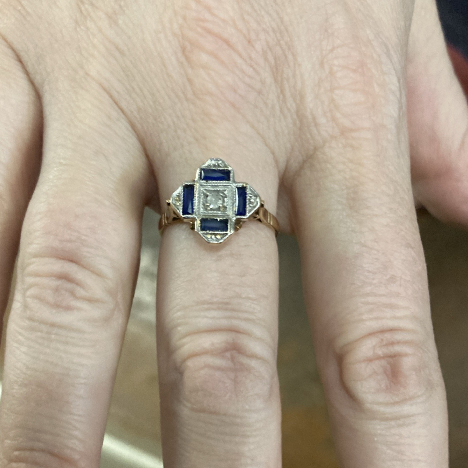 Antique Gold Cocktail Ring with Square Diamond and Blue Sapphire Accents