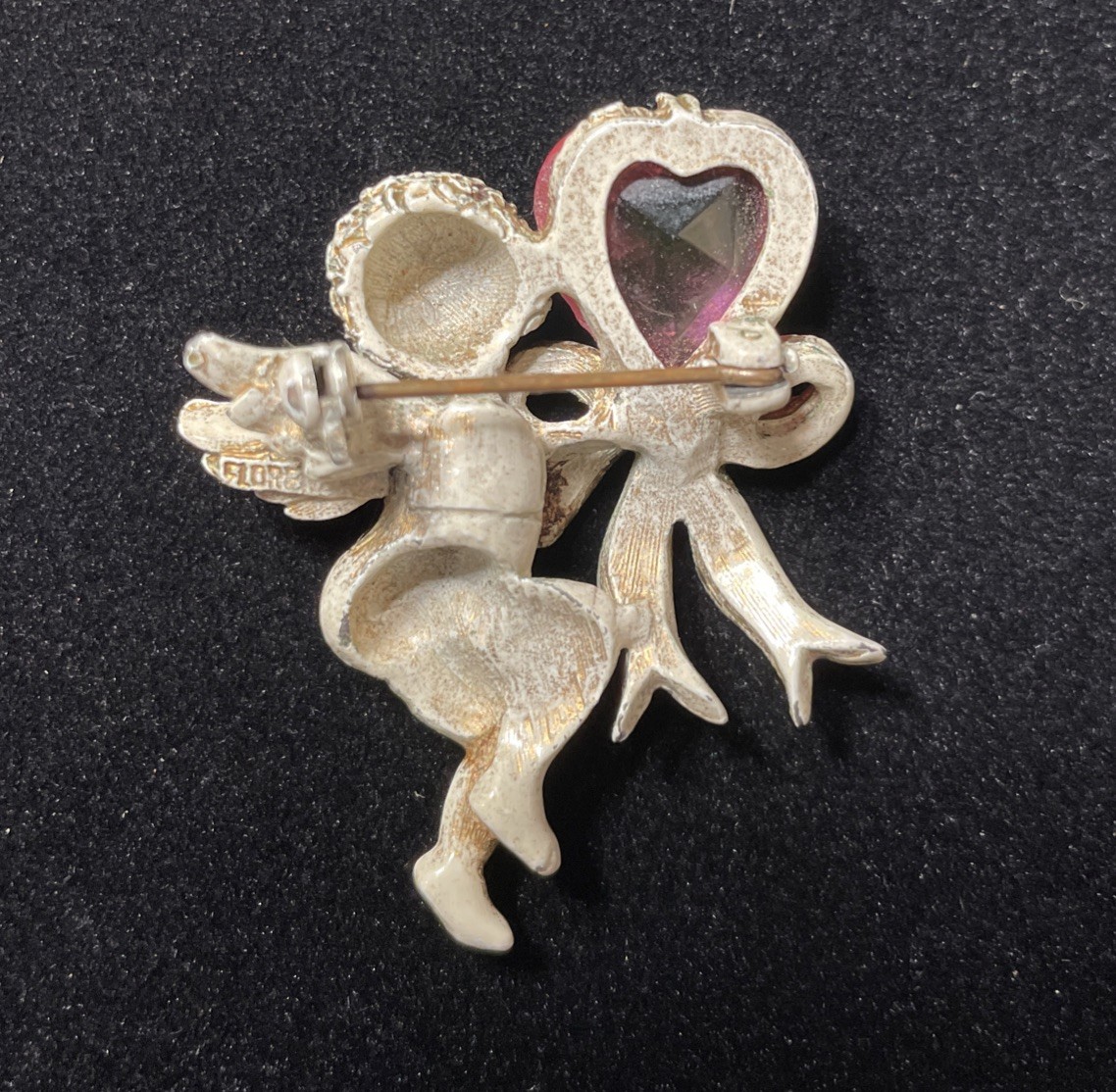 Vintage Florenza Pink Crystal Jeweled Heart white Tone Cherub Angel Pin Brooch
