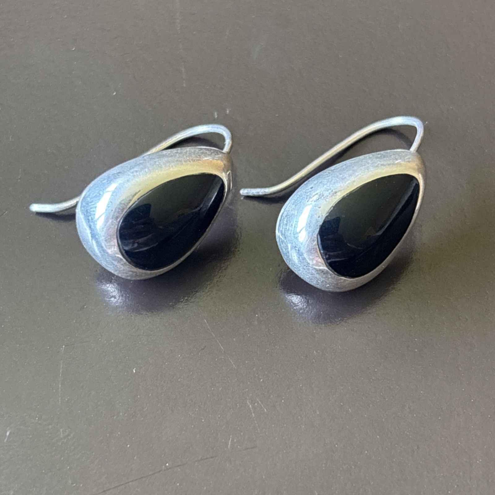 Vintage 925 Mexico Sterling Silver Onyx Teardrop Earrings .75” Modernist