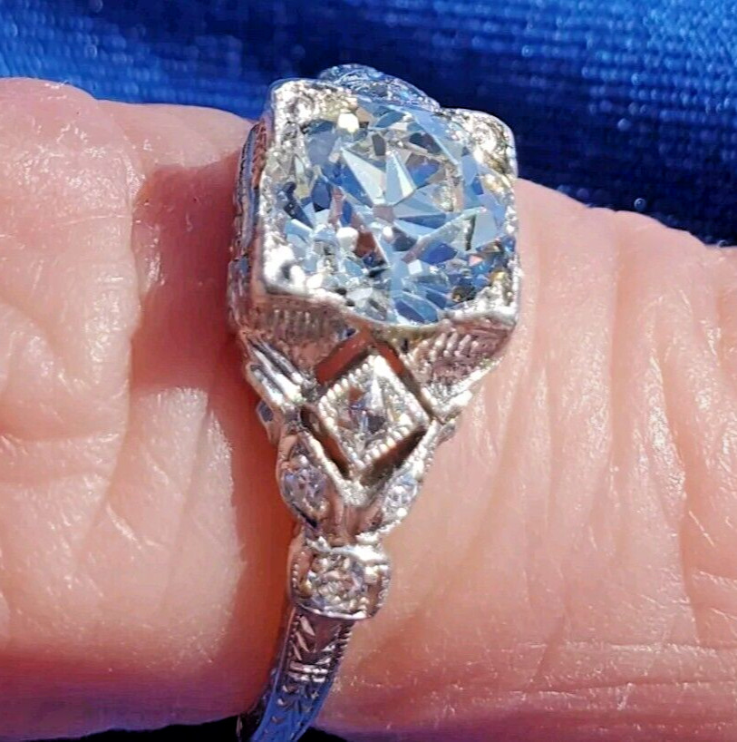 Original EARTH MINED DIAMOND Deco Engagement Ring 1.5 Antique Platinum Solitaire