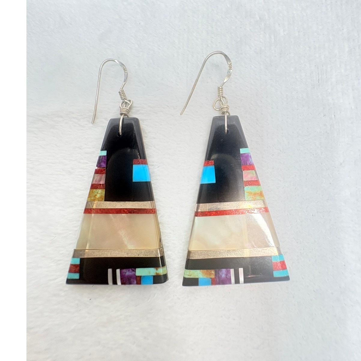 Artisan Inlay Earrings Turquoise Coral Spiny Oyster Onyx MOP on Shell Backplate