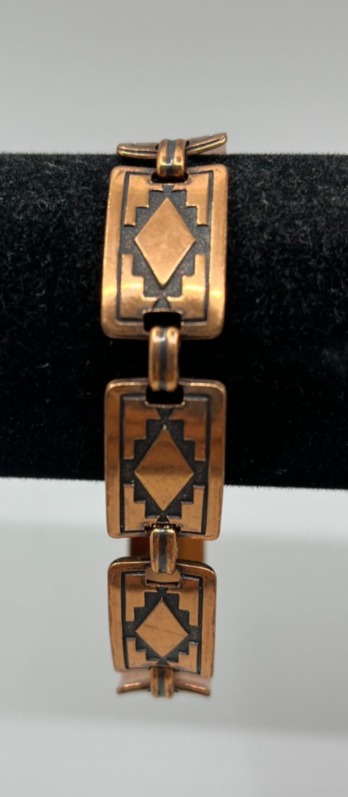 Vintage Copper Link Bracelet Southwestern Tribal Geometric Rectangle Panels 7.75