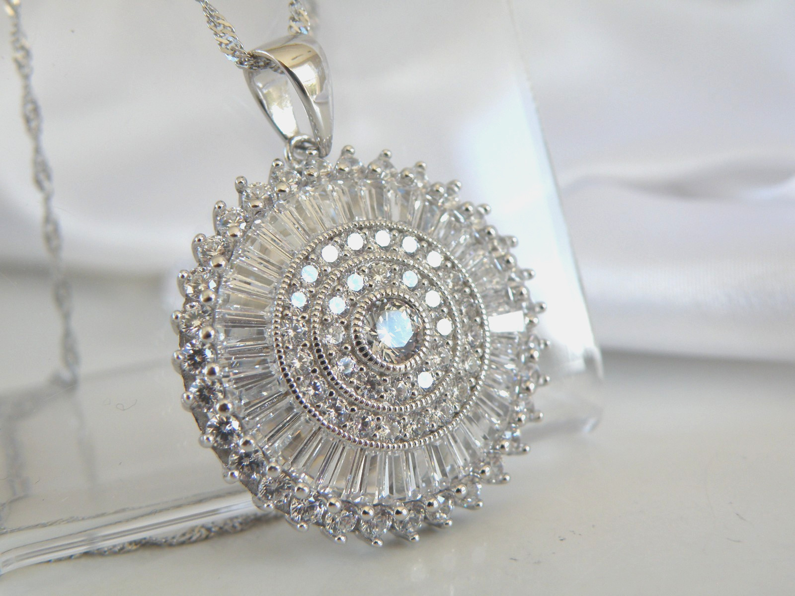 Vintage Style Sterling Silver 925 Baguette Cluster CZ Large Pendant Necklace
