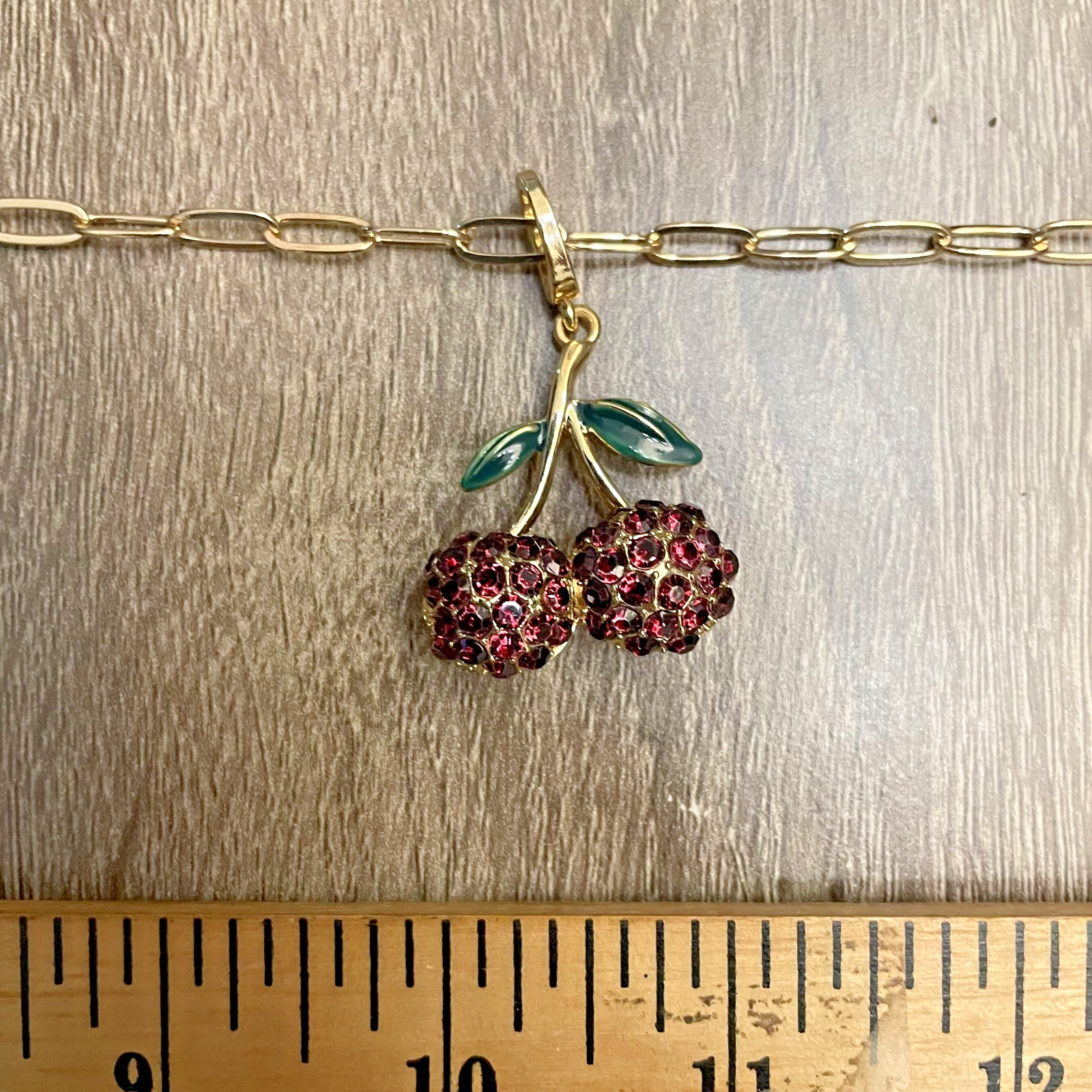 A New Day Gold Tone Link Chain & Ruby Cherry Rhinestone Magnetic Locket 18″