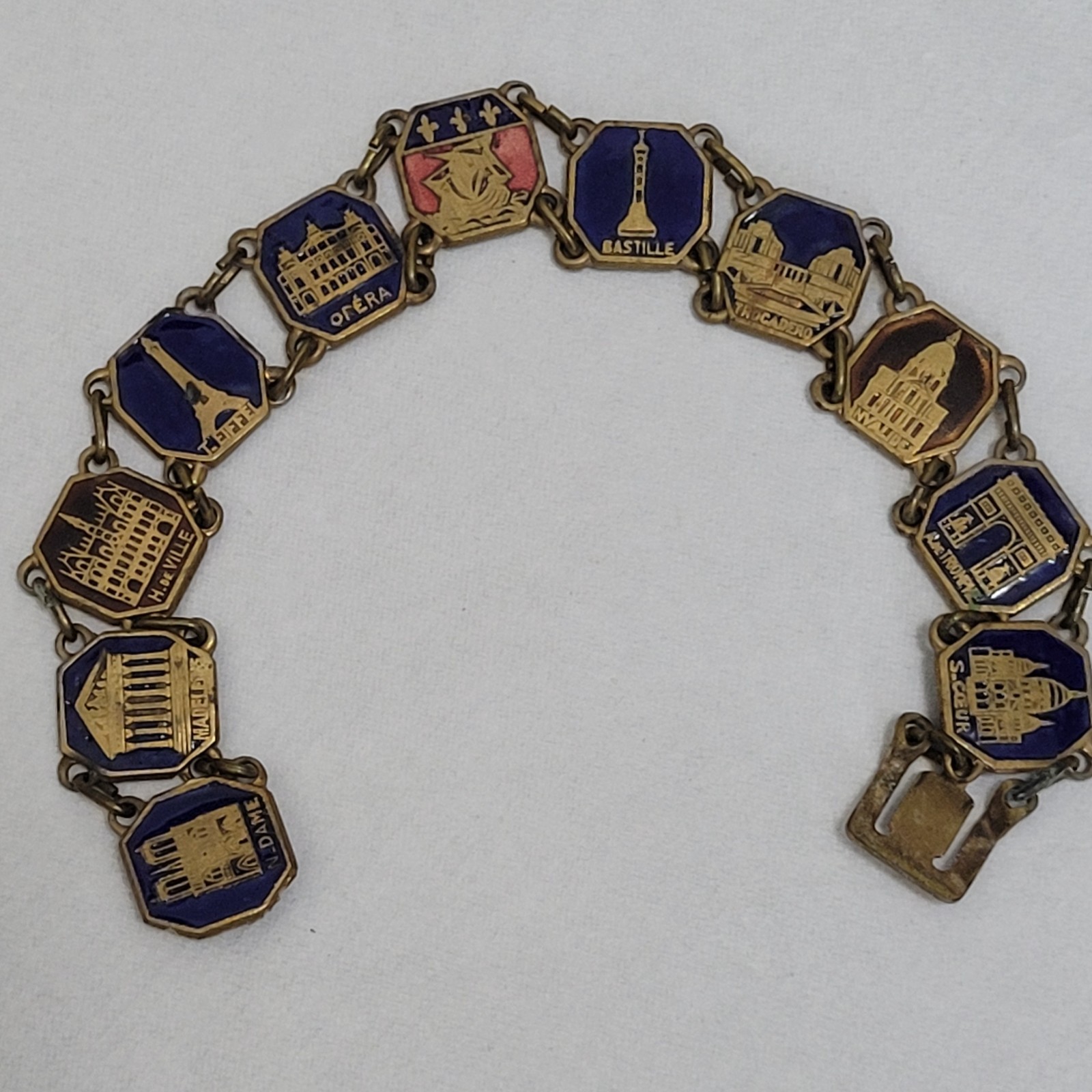 Paris France Souvenir Monuments Etched Enamel Link Brass Clasp Vintage Bracelet