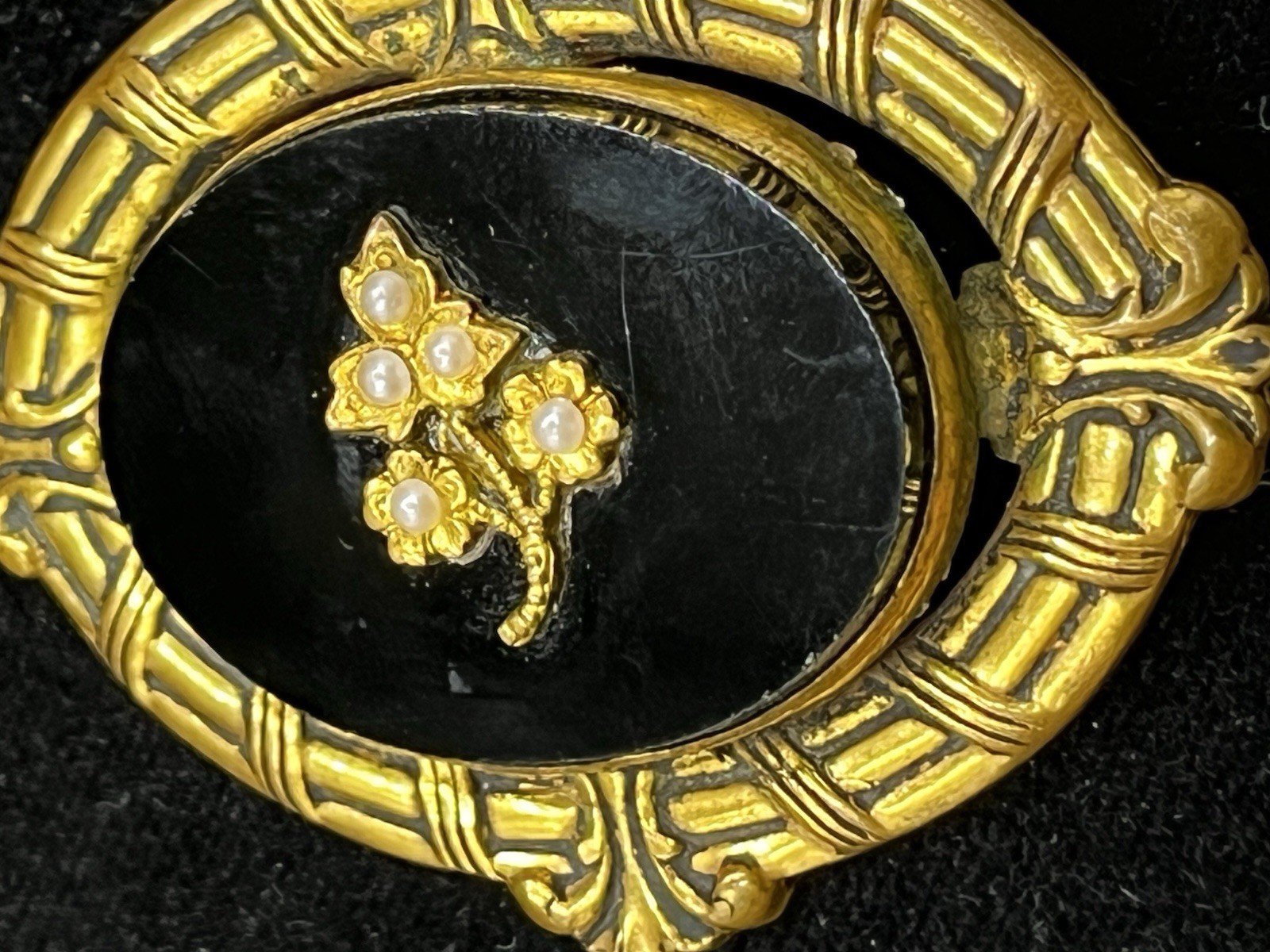 Victorian/Mourning Style VTG. Repousse Brass Black Glass Brooch Faux Pearl 2 1/8