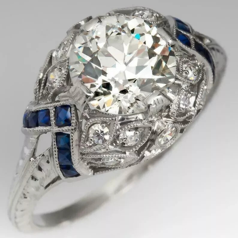 Art Deco Vintage 14K White Gold FN Lab Created Diamond Sapphire Engagement Ring