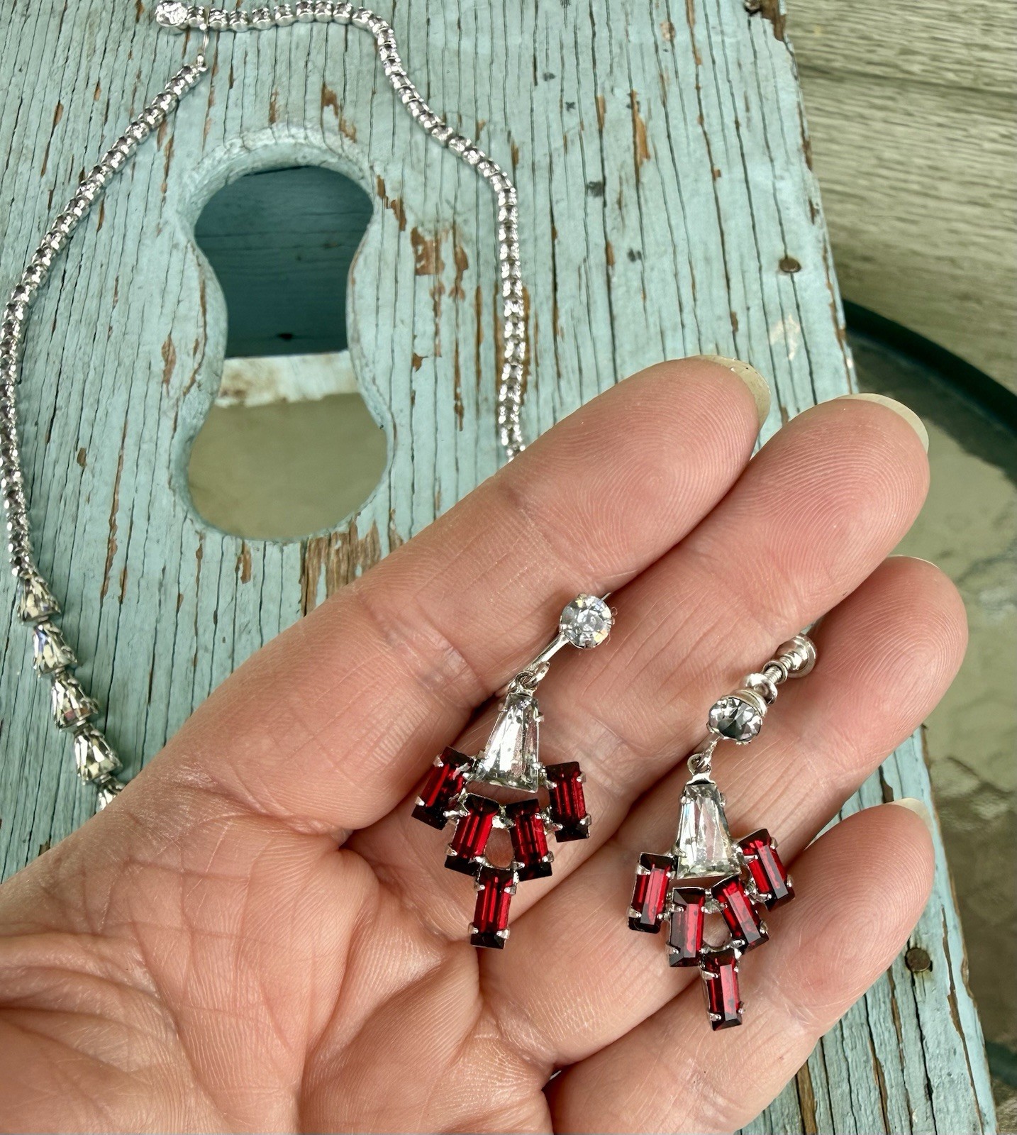Vintage 1950’s B. David Red & Clear Rhinestone Drop Dangle Necklace & Earrings
