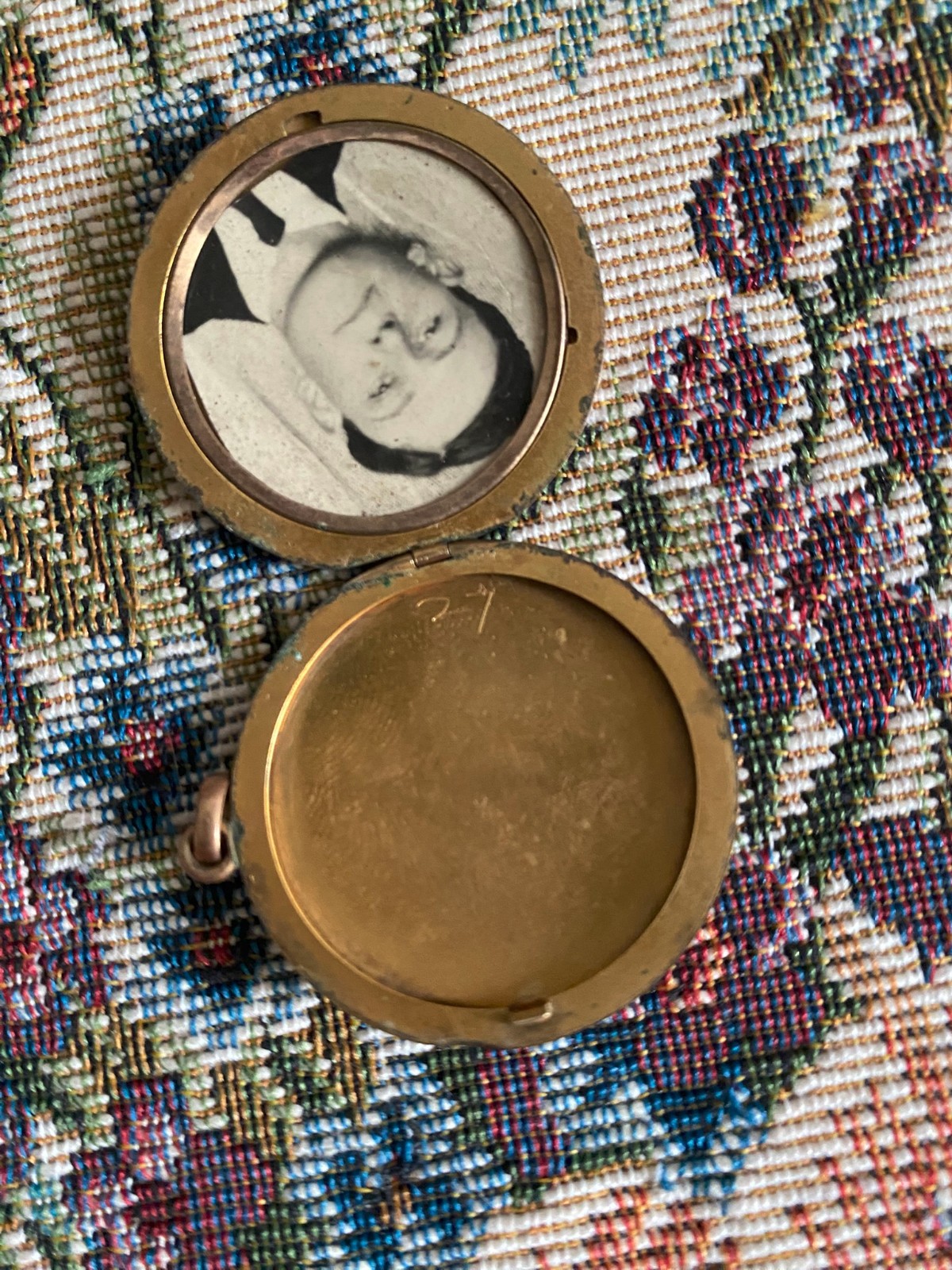 Antique Gold Tone Round Locket with Enrgraved Initial and Portrait of a Man