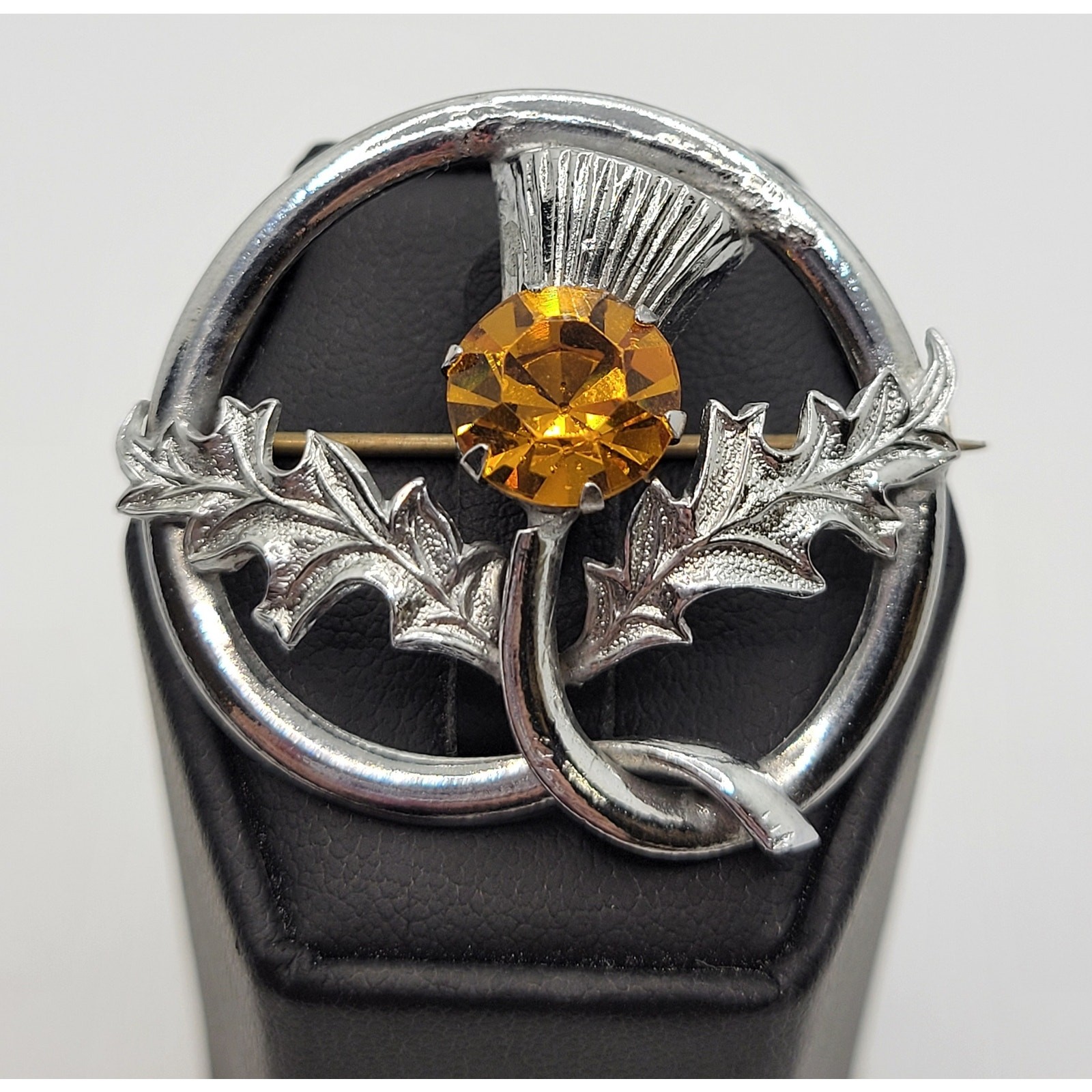 Scottish Thistle Brooch Kilt Shawl Pin Silvertone Orange Rhinestone Vintage