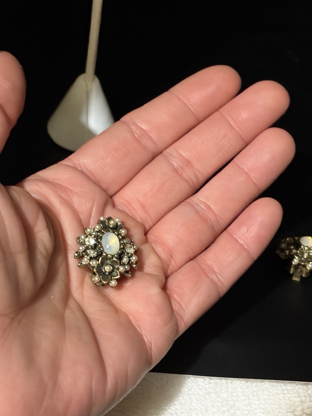 Vintage Opaline Glass Pearl Rhinestone Floral Clip Earrings Gold Tone