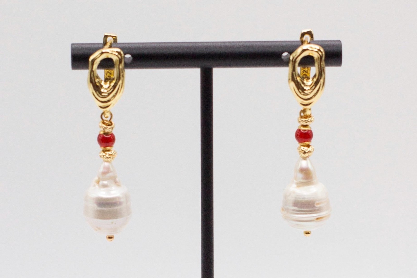 White Baroque Pearl Earrings With Carnelian Accent, Melting Lever back
