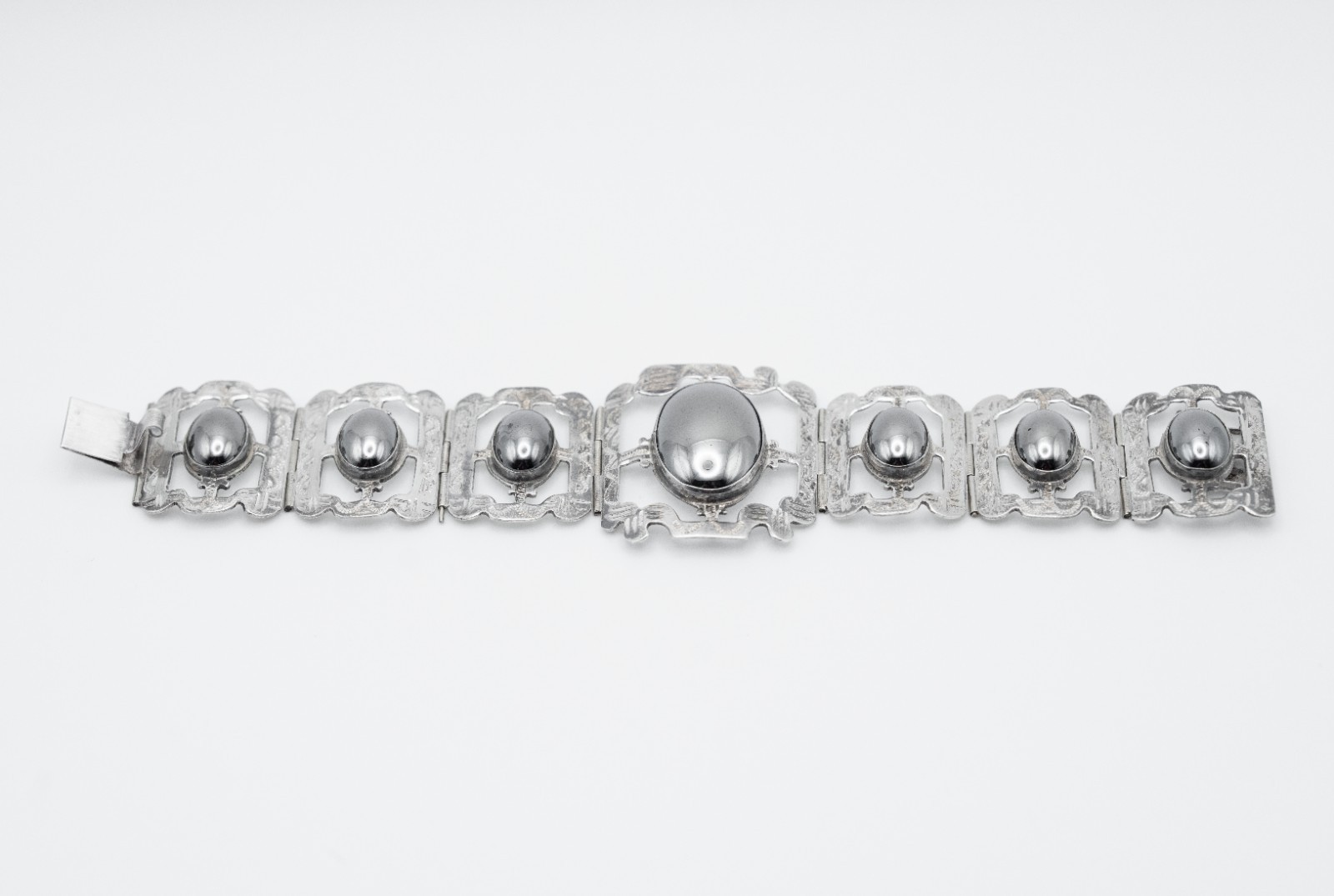 Vintage Mexican Sterling Silver Hematite Panel Link Statement Bracelet 925 53 gr