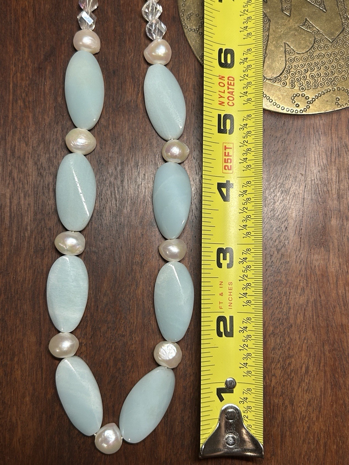 Carved Stone Fresh Water Pearls MOP Aurora Crystal Beaded Necklace