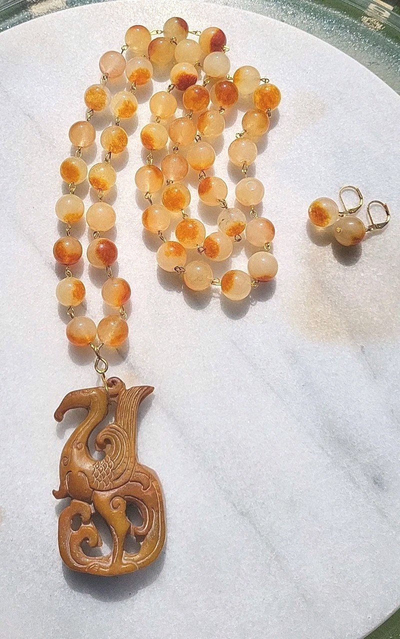 VINTAGE CARVED JADE PHOENIX DRAGON PENDANT JADE GEM BEAD WIRE NECKLACE SET OOAK