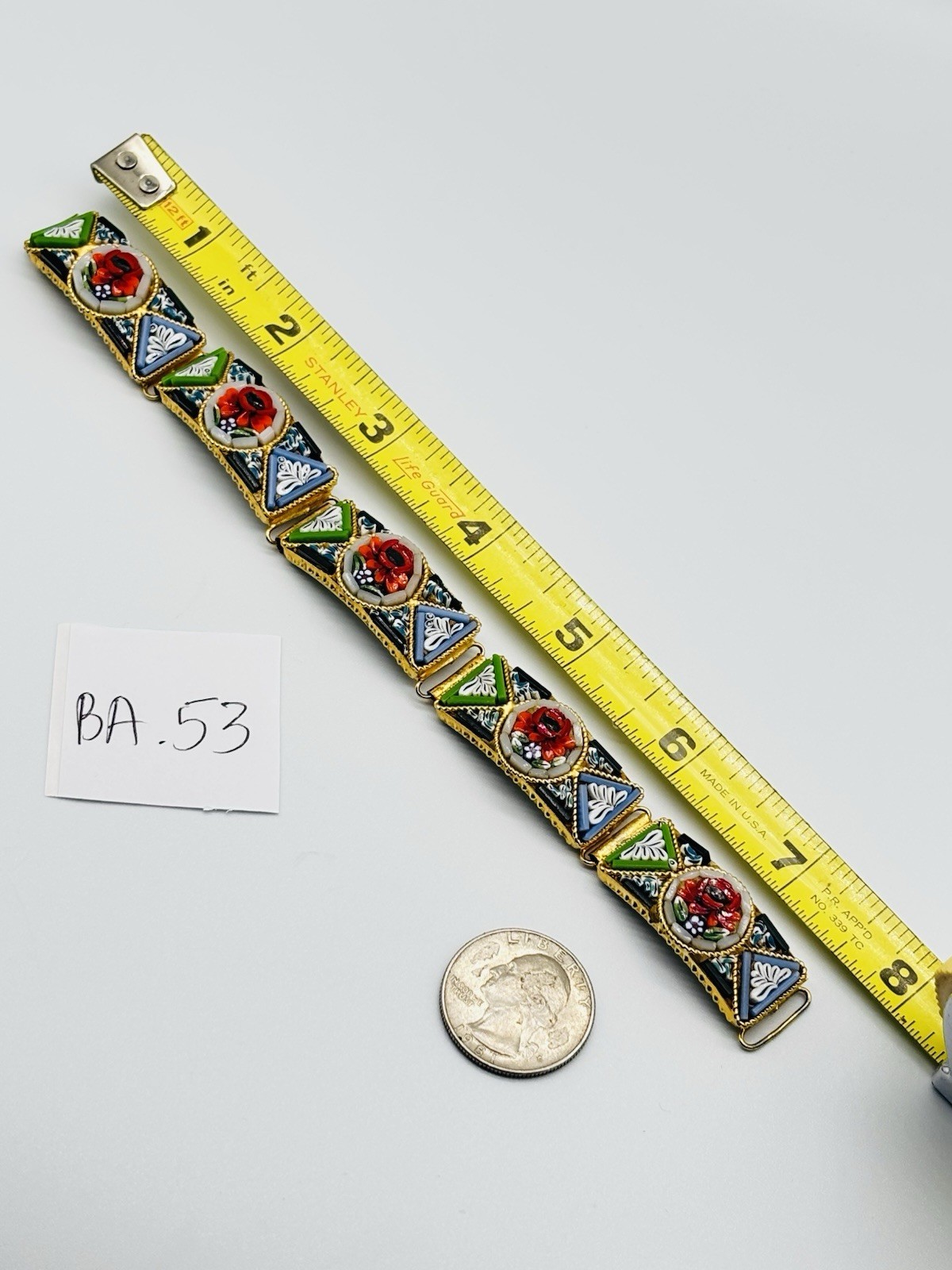 Vtg ITALIAN Mosaic Flower Red Green Yellow Gold Tone Bracelet