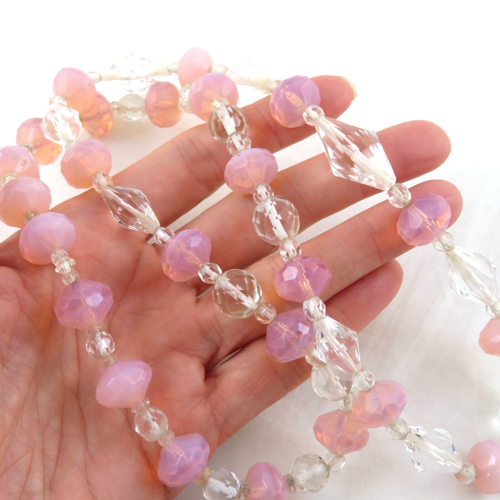 Vintage Crystal Opaline Faceted Glass Beaded Necklace 30″