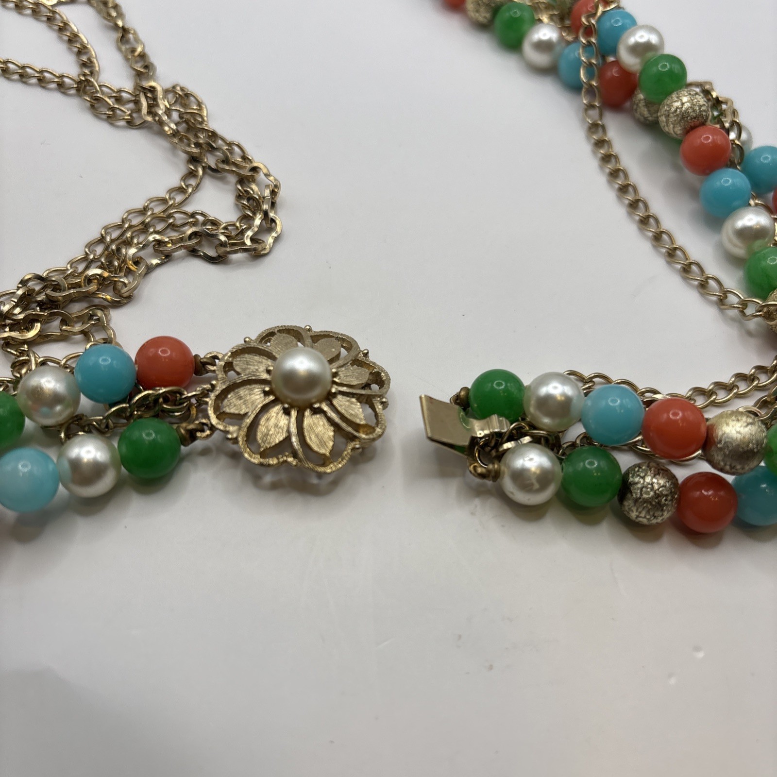 Vintage Gold Toned Multi Strand Necklace, Earring, Bracelet Set Multicolored