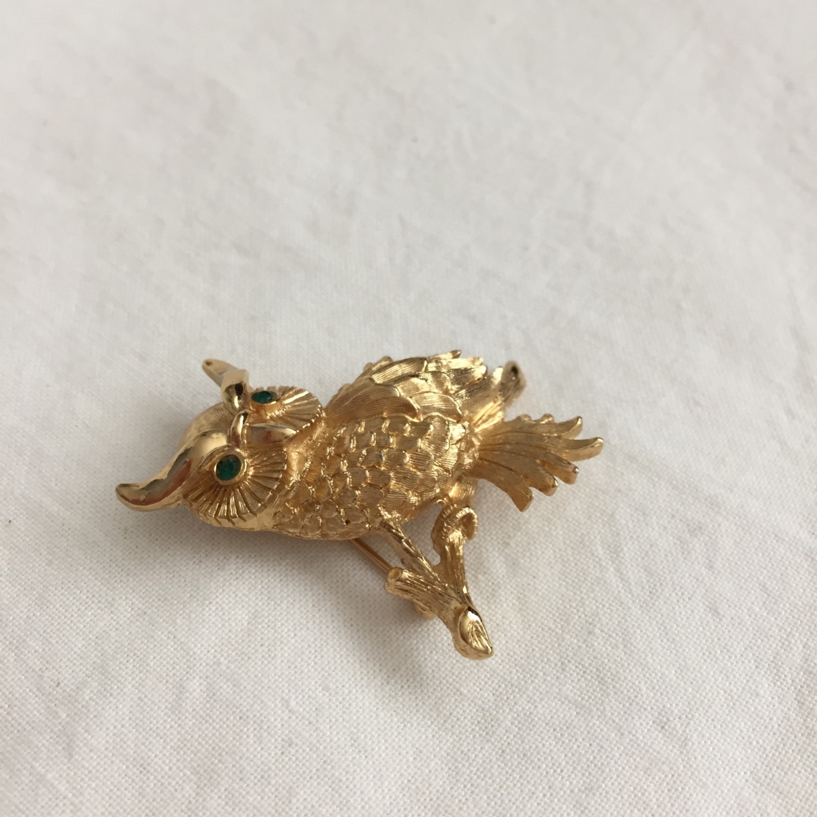 VTG Horned Owl Brooch- Gold with Green Eyes, Rhinestone Monet Bird, Sweater Pin