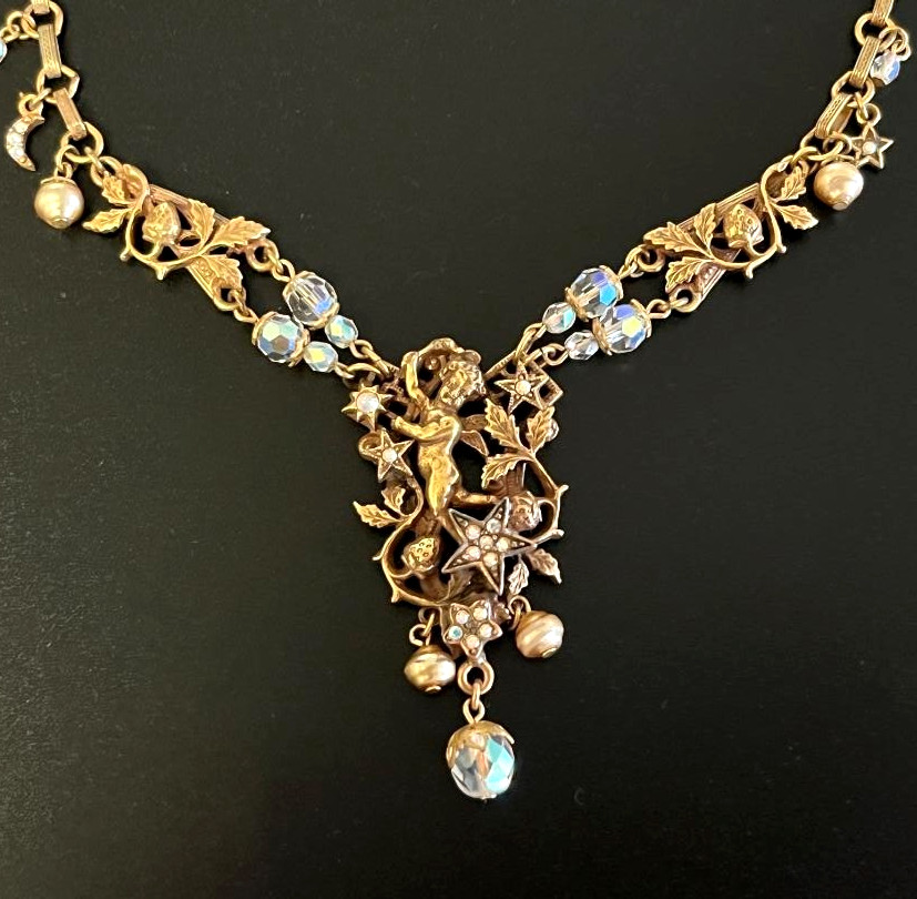 Vintage Kirks Folly Cherub Stars Crescent Moon Angel AB Crystals Necklace 16-20″