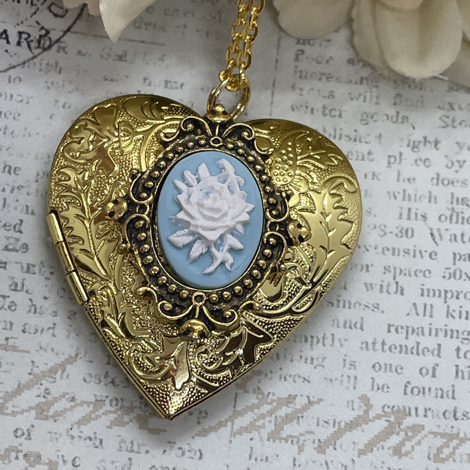 Gold Heart Locket Photo Birthday Anniversary Wedding Blue Rose Cameo Necklace