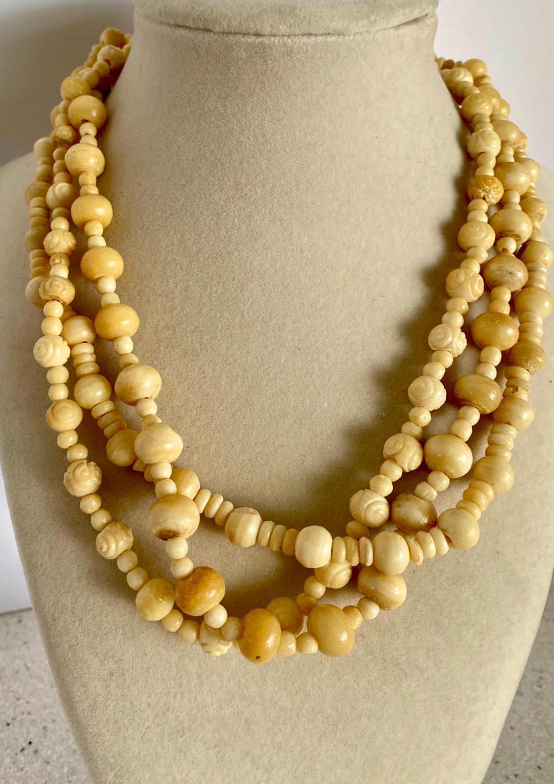 Vintage Carved Bovine Bone Bead Necklace Triple Strand Statement Piece 18″