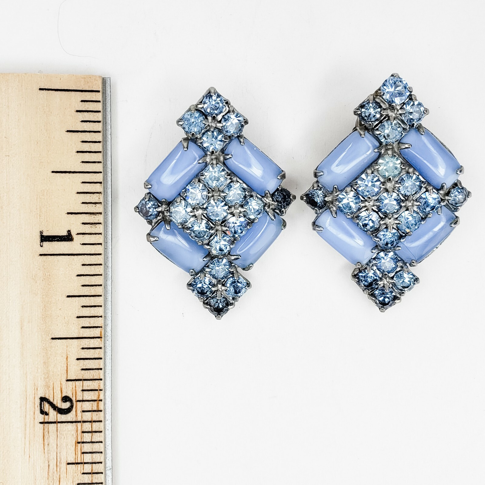 Vintage Blue Prong Set Rhinestone Clip On Earrings